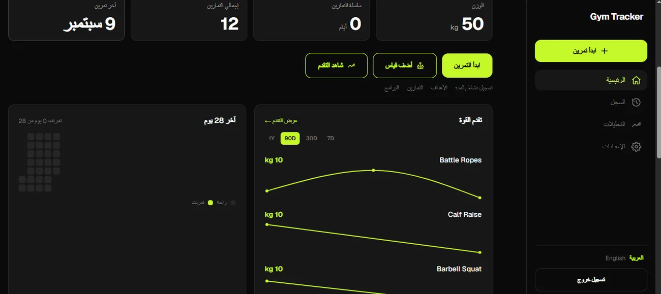 GymTracker — لوحة متابعة التمارين وتقدم القوة / workout dashboard and strength progress